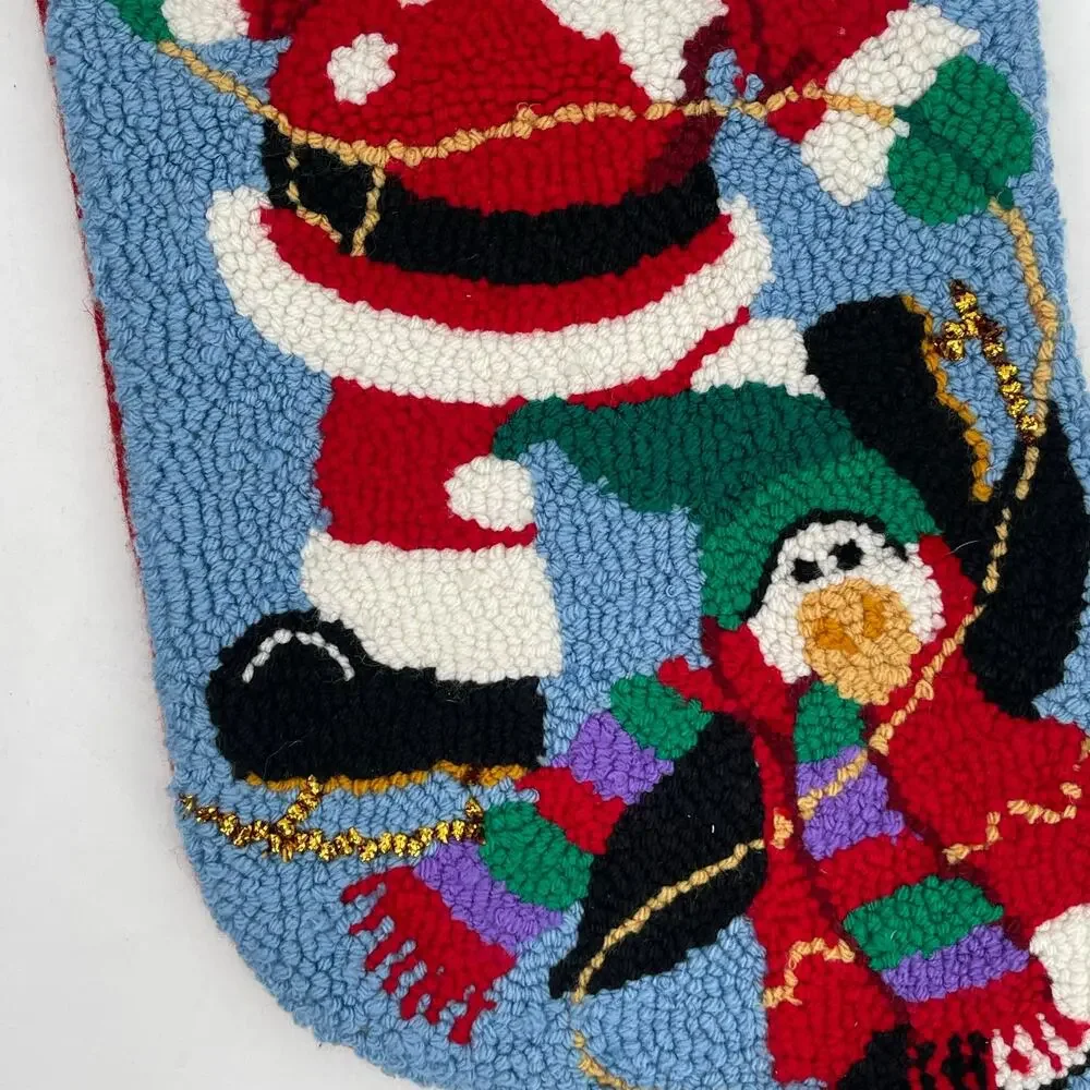 VINTAGE Christmas Stocking Wool Acrylic Carson Pirie Santa Penguins Needlepoint